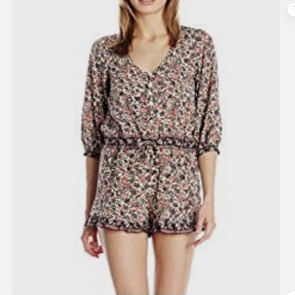 NWOT RAGA Romper Floral Ruffled 3/4 Sleeve Button Front Drawstring Waist